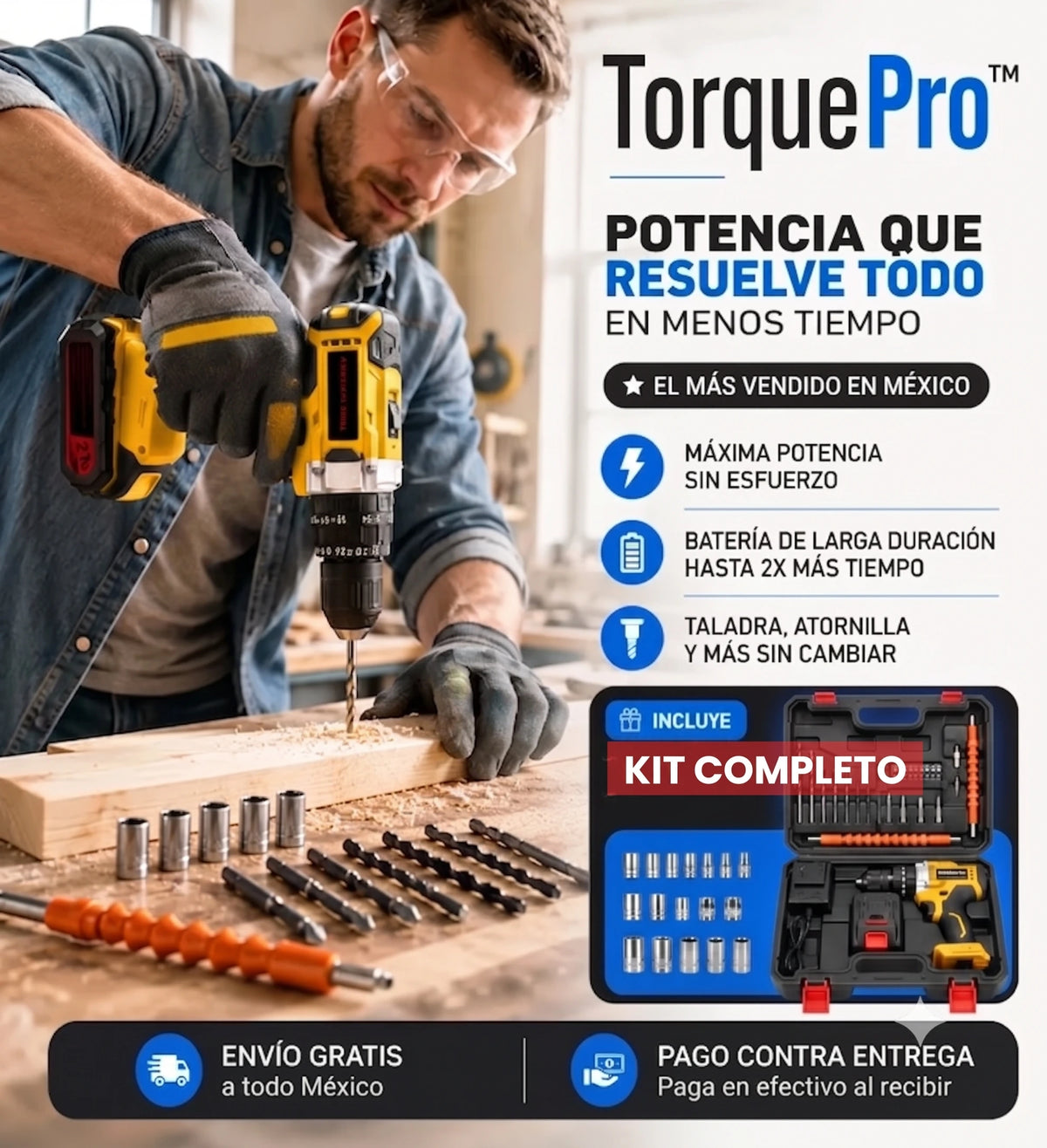 Taladro Inalámbrico de Grado Profesional + 2 Baterías y kit de brocas y dados.